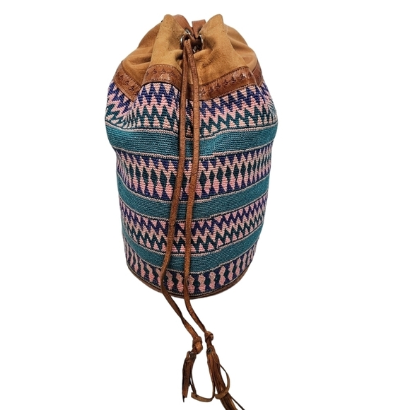Vintage 90s‎ Pastel Bohemian Aztec Textile & Leather Backpack Bag - Picture 9 of 9
